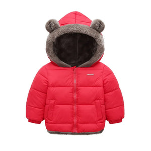 Red children's puffer jacket with bear ears on a white background