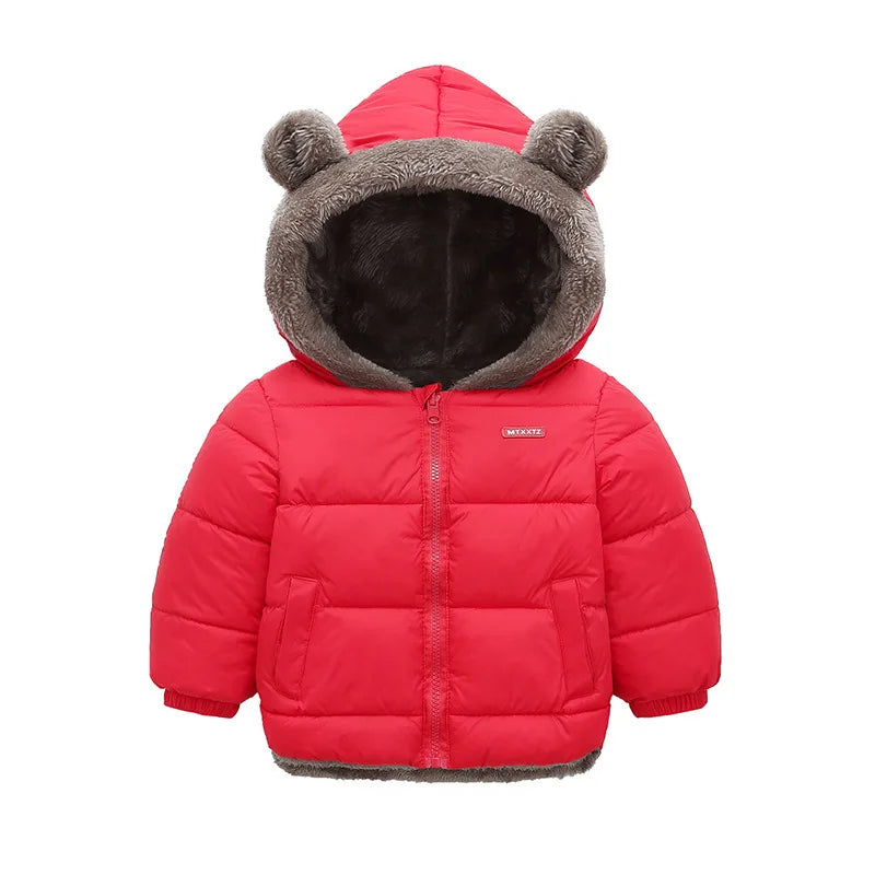 Red children's puffer jacket with bear ears on a white background