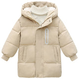 Beige puffer jacket with a hood on a white background