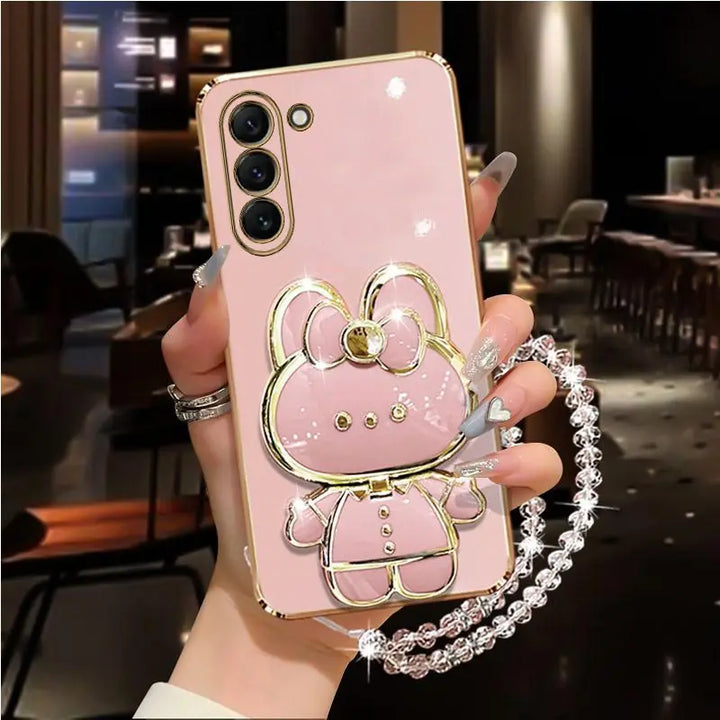 Diamond Strap Mirror Rabbit Holder Case for Samsung S24 S23 S22 Ultra Plus