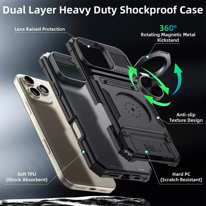 Magnetic iPhone Wallet Case with Rotating Ring Kickstand – Drop Protection & Card Pocket for iPhone 16 15 14 13 12 11