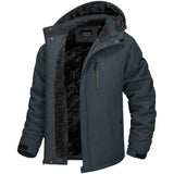 Dark gray winter jacket with black interior lining on a white background