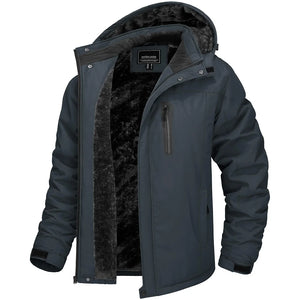 Dark gray winter jacket with black interior lining on a white background