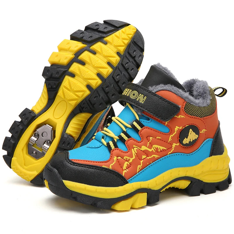 Colorful children's boots with yellow, blue, and orange design on a white background