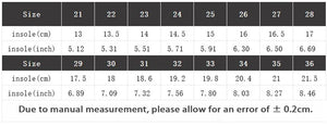 Table showing insole measurements in centimeters and inches for various shoe sizes.