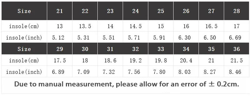 Table showing insole measurements in centimeters and inches for various shoe sizes.