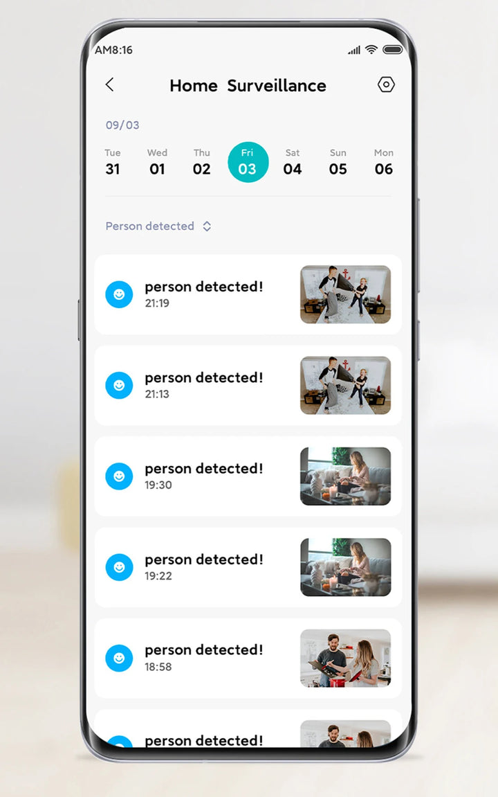 Phone screen displaying home surveillance app with detected persons and timestamps.