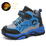 Blue and gray children's winter boots with fur lining on a white background