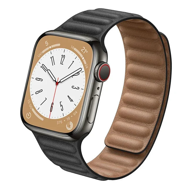 Stylish genuine leather Apple Watch band with magnetic loop closure, available in multiple colors.