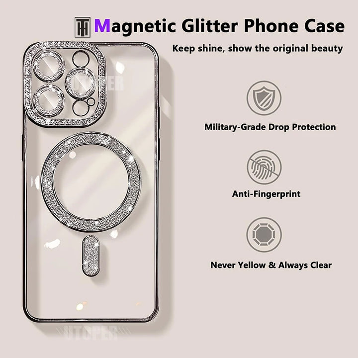MagSafe Glitter Rhinestone Case for iPhone 16 15 14 13 12 11 Pro Max – Bling & Transparent Design with Wireless Charging