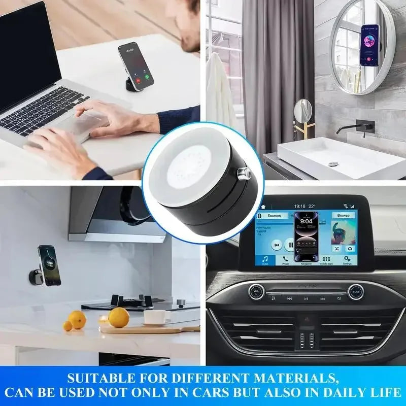 Collage of a smartphone holder in various settings with text about its versatility.