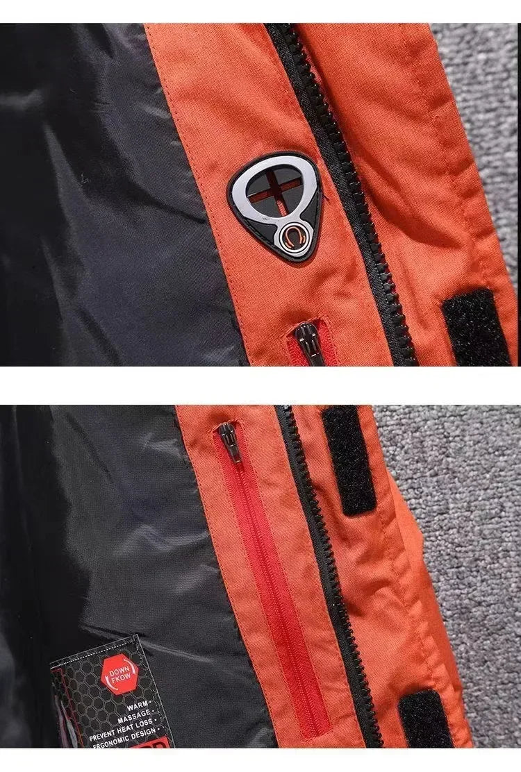 Close-up of a black and orange jacket with a zipper and brand label.