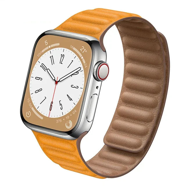 Stylish genuine leather Apple Watch band with magnetic loop closure, available in multiple colors.