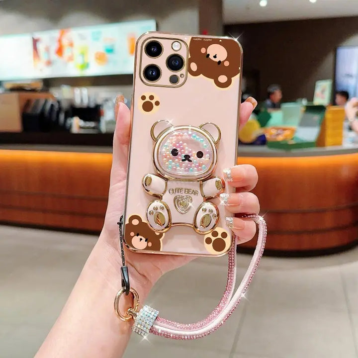 Diamond Wrist Strap Bear Case for iPhone 11 12 13 14 15 16 Stand Cover
