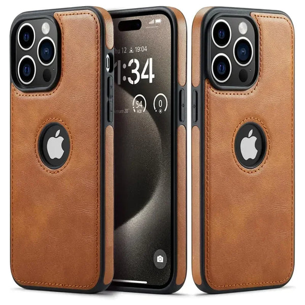Classic Leather Case for iPhone 15/14/13/12/11/16 Pro Max with Logo View and Shockproof Design