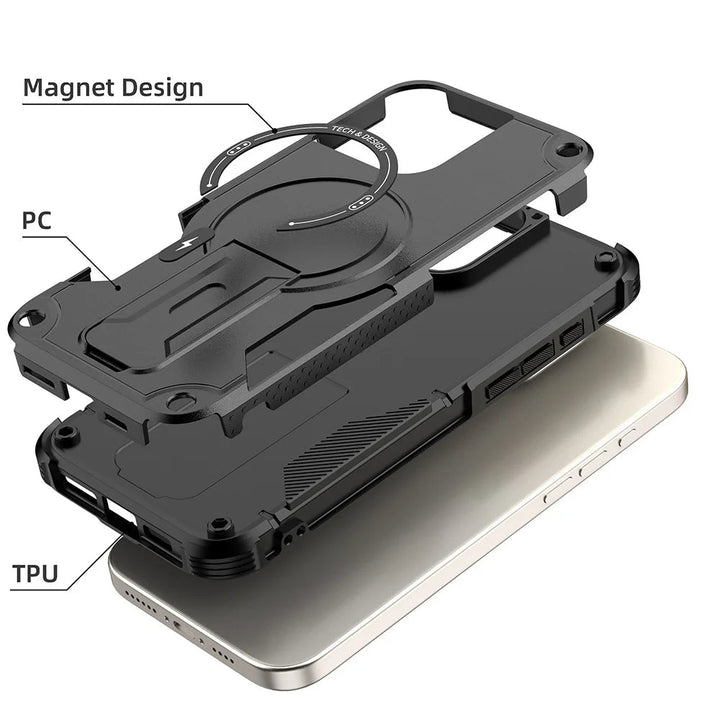 Military Shockproof Magnetic Case with Kickstand for iPhone 11–16 – Rugged Armor with Foldable Holder – Black, Green, Gold, Pink