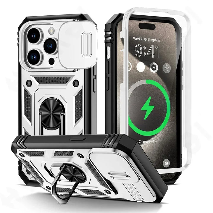 Military Grade iPhone Case with 360 Degree Kickstand & Camera Slide – Full Protection for iPhone 16 15 14 13 12 11