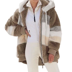 Brown and beige striped sherpa jacket with white interior on a white background