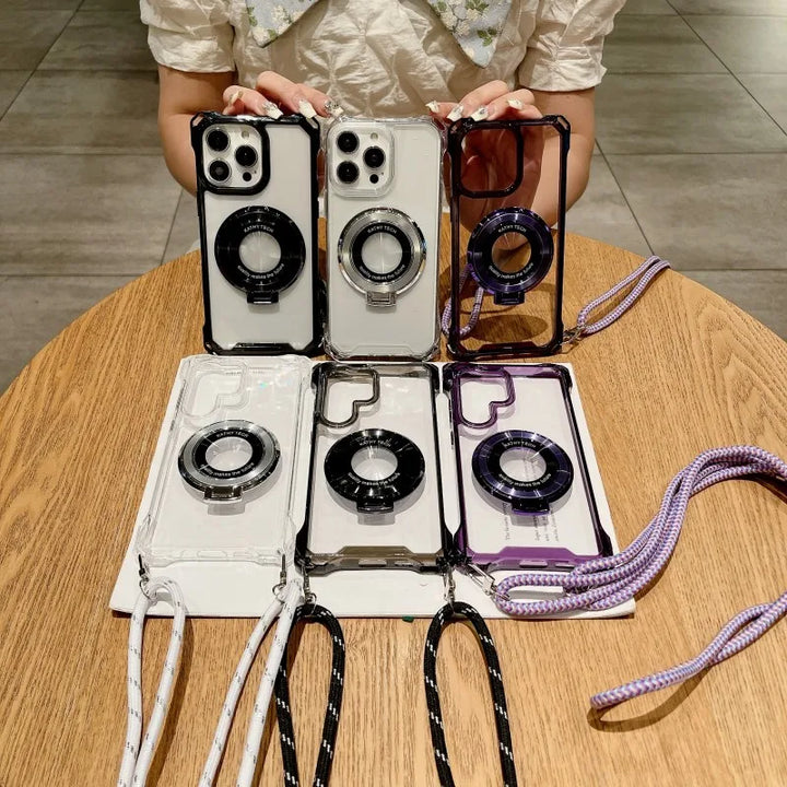 Magnetic Lanyard Strap Case with Stand for Samsung Galaxy S20-S24 Ultra, Transparent Crossbody Design