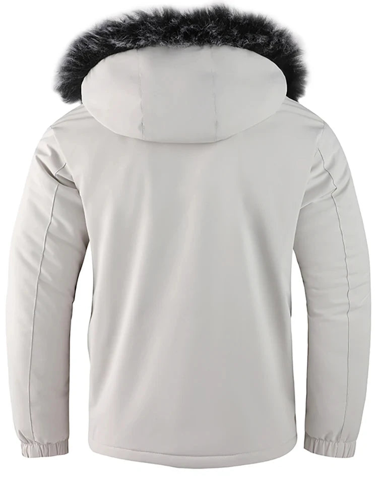 Light gray winter jacket with a fur-lined hood on a white background