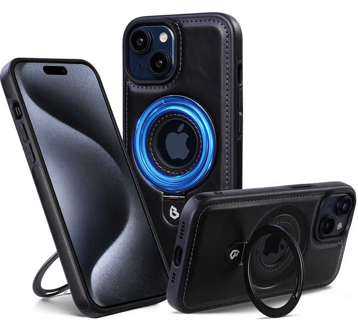 Luxury leather magnetic ring stand iPhone case with full protection, fits iPhone 12, 13, 14, 15, and 16 Pro Max Plus.