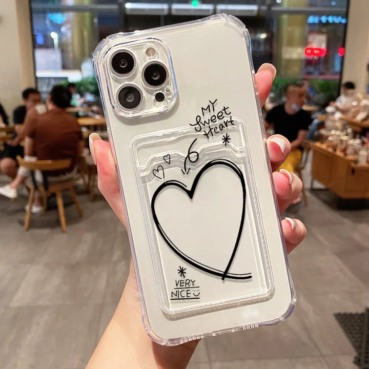 Transparent wallet card holder soft case for iPhone with card slots and shockproof protection.