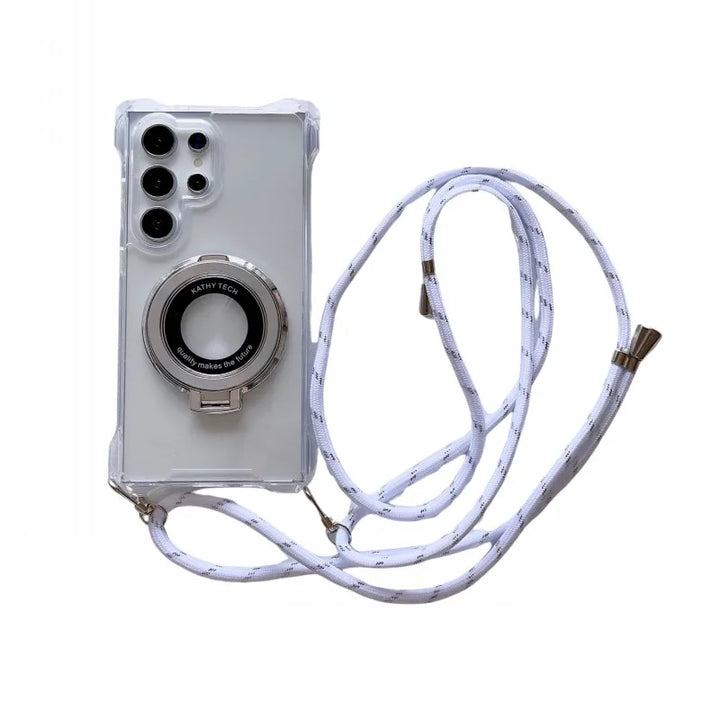 Magnetic Lanyard Strap Case with Stand for Samsung Galaxy S20-S24 Ultra, Transparent Crossbody Design