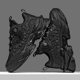 Black high-top sneakers with intricate design on a gray background