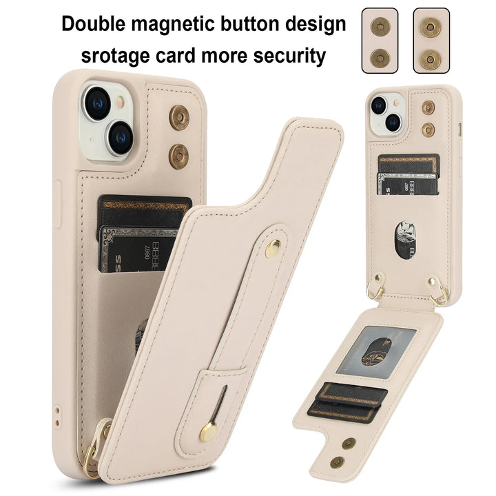 Crossbody Leather Wallet Case for iPhone 16/15/14/13/12/11 with Card Slot, Wristband & Lanyard