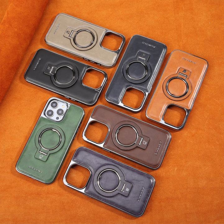 Luxury leather magnetic iPhone case with MagSafe and shockproof protection, fits iPhone 12, 13, 14, 15, and 16 Pro Max.