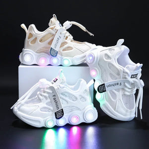 White sneakers with colorful LED lights on a black background