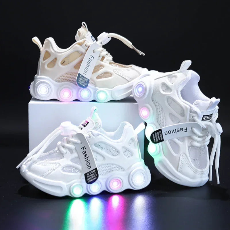 White sneakers with colorful LED lights on a black background