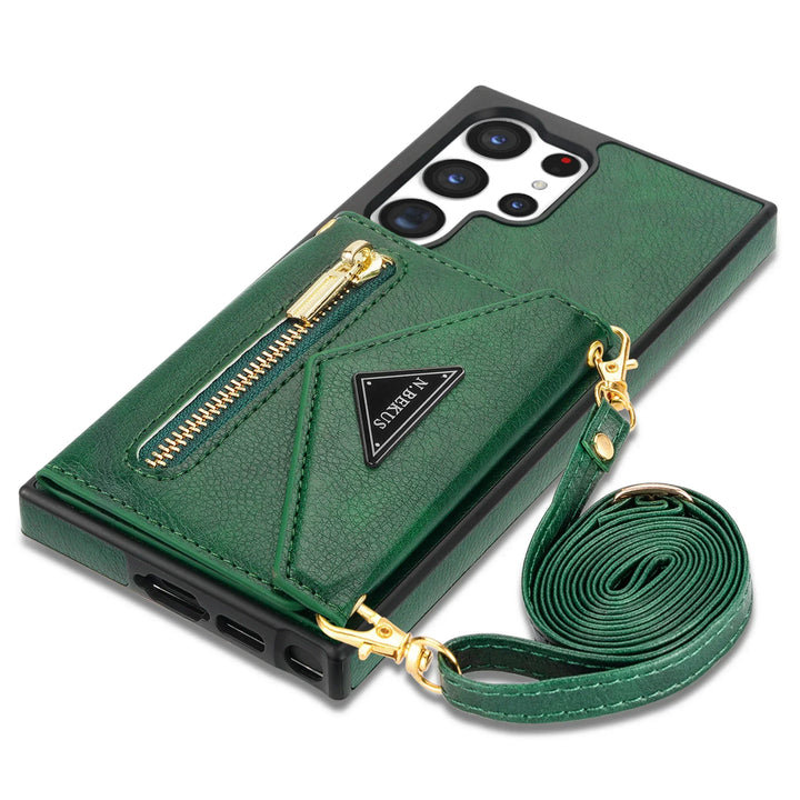 Leather crossbody wallet phone case for Samsung Galaxy with lanyard and card holder pocket.