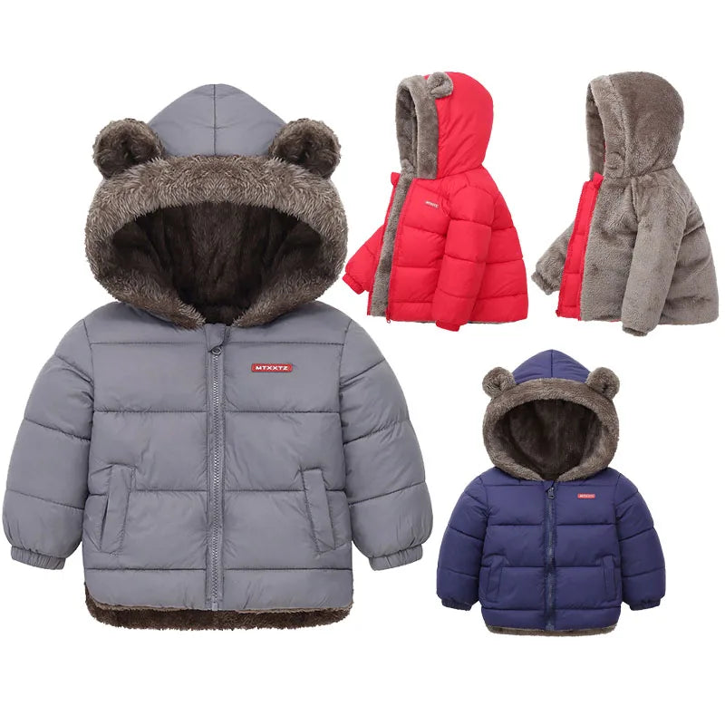 Children's puffer jackets with bear ear hood in gray, red, and blue on a white background.