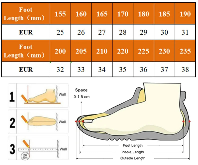 Shoe size chart with foot length measurements in millimeters and European sizes.