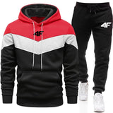Red, black, and gray hoodie with matching pants on a white background