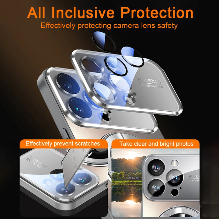 Luxury Glass Camera Lens MagSafe Magnetic Case for iPhone 11/12/13/14/15/16 Pro Max with Shockproof Protection