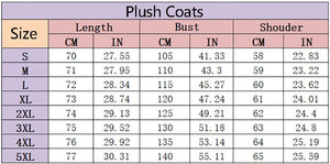 Table displaying measurements of plush coats in various sizes.