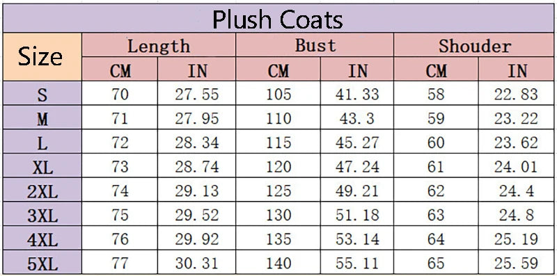 Table displaying measurements of plush coats in various sizes.