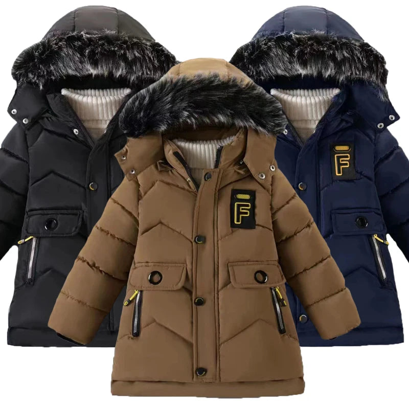 Three winter jackets in black, brown, and blue with fur-lined hoods on a white background.