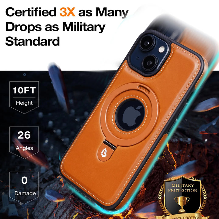 Luxury leather magnetic ring stand iPhone case with full protection, fits iPhone 12, 13, 14, 15, and 16 Pro Max Plus.
