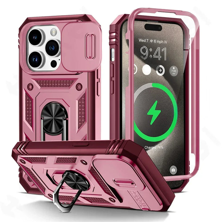 Military Grade iPhone Case with 360 Degree Kickstand & Camera Slide – Full Protection for iPhone 16 15 14 13 12 11