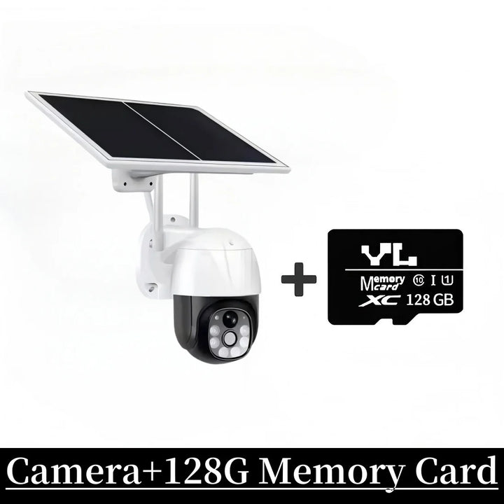 Solar-powered security camera with a 128GB memory card on a white background