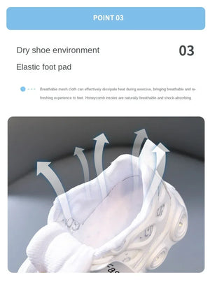 White sneaker with text about dry shoe environment and elastic foot pad on a gray background