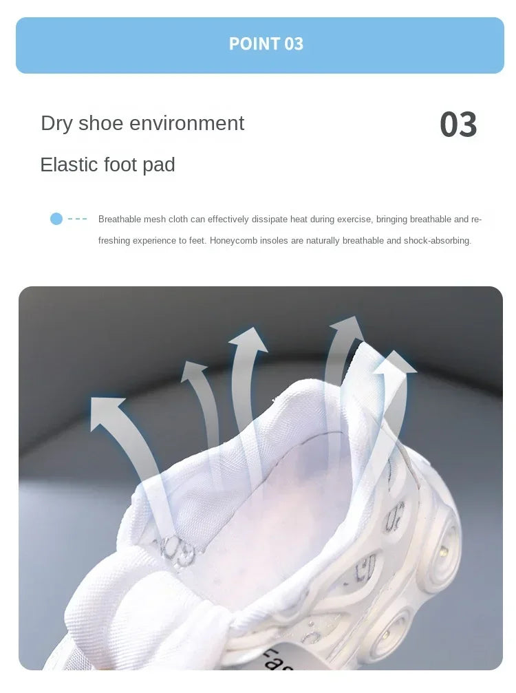 White sneaker with text about dry shoe environment and elastic foot pad on a gray background