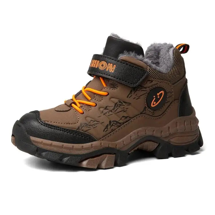 Brown children's boot with orange laces and visible brand logo on a white background