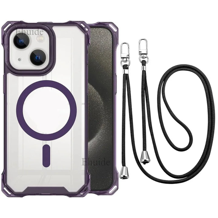 Magsafe Magnetic Strap Crossbody Case for iPhone 16, 15, 14, 13, 12, 11 Pro Max – Clear, Shockproof with Lanyard