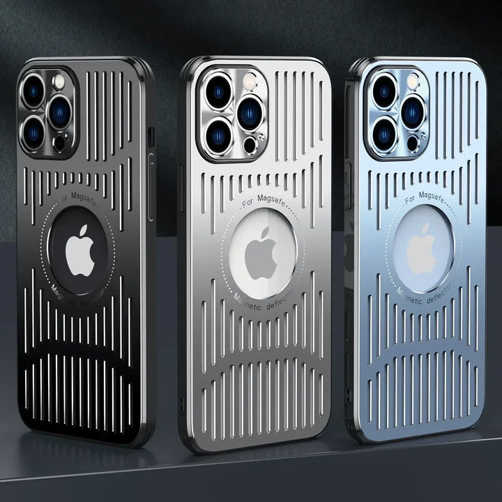 Fashion Metal Heat Dissipation Magnetic MagSafe Case for iPhone 16/15/14/13/12 Pro Max with Logo Hole & Wireless Charging