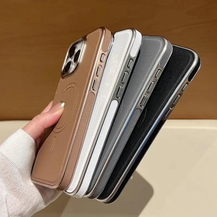 Luxury leather magnetic iPhone case with MagSafe compatibility, durable protection, fits iPhone 11, 12, 13, 14, 15, and 16 Pro Max.
