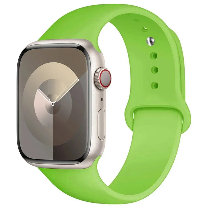 Silicone sport band for Apple Watch, compatible with Series 9/8/7/6/5/SE/Ultra, shown in vibrant colors.